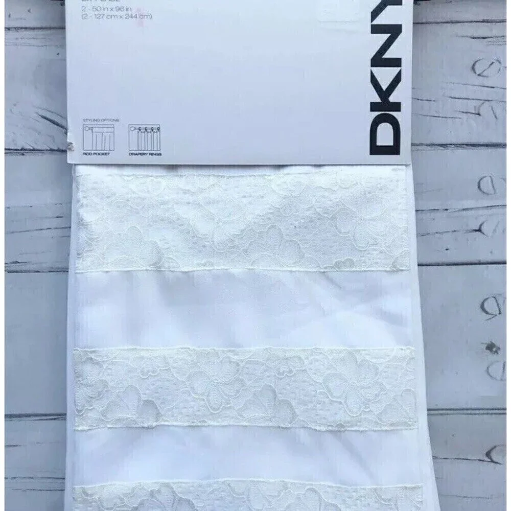 DKNY 2 Window Panels Curtains White Rod Pocket 50x96 City Lace Trim Drapes New